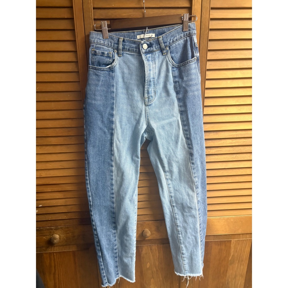 PacSun High Rise Straight‎ Two Tone Patchwork Blue Denim Jeans Size 26 Raw Hem